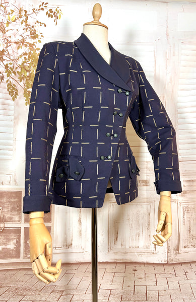 1940s Navy Wool Tailored Jacket – Woven Cream Rope Pattern, Shawl Collar