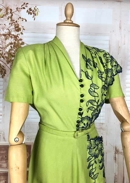 Incredible Original 1940s Vintage Chartreuse Green Day Dress With Floral Embroidery
