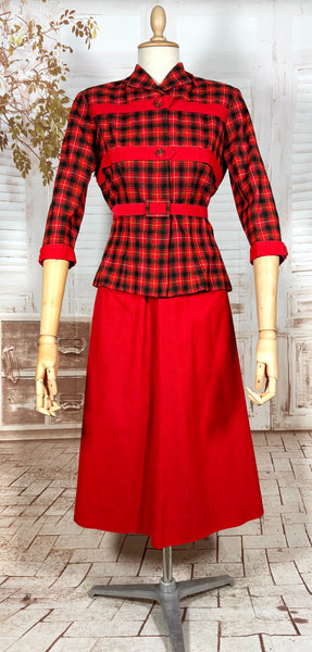 Fabulous 1940s Red And Black Plaid Skirt Suit