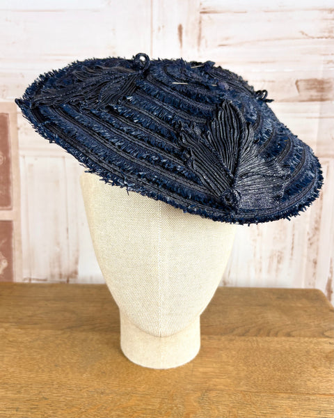 Navy Blue 1940s Straw Percher Hat With Matching Hat Pins