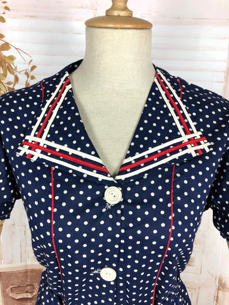 1940s Red White And Blue Spotted Day Dress