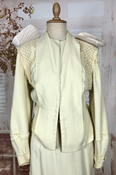 Incredible Original 1940s Vintage Off White Cream Skirt Suit With Quilted Shoulders And Huge Bishop Sleeves