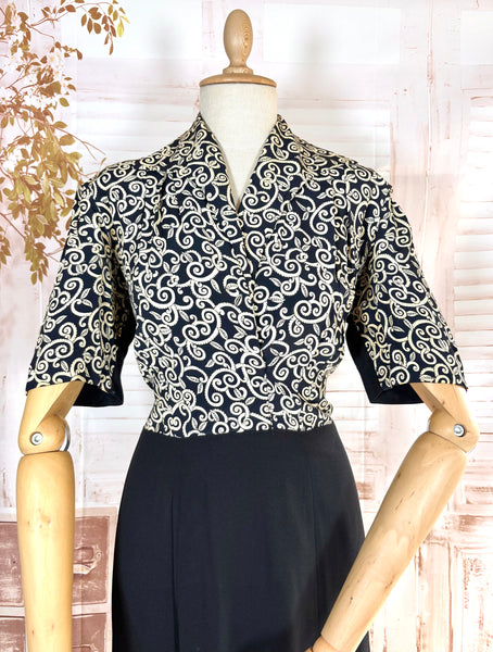 1940s Dress Suit – Scroll Print Jacket with Red Shoulder Stripe Dress