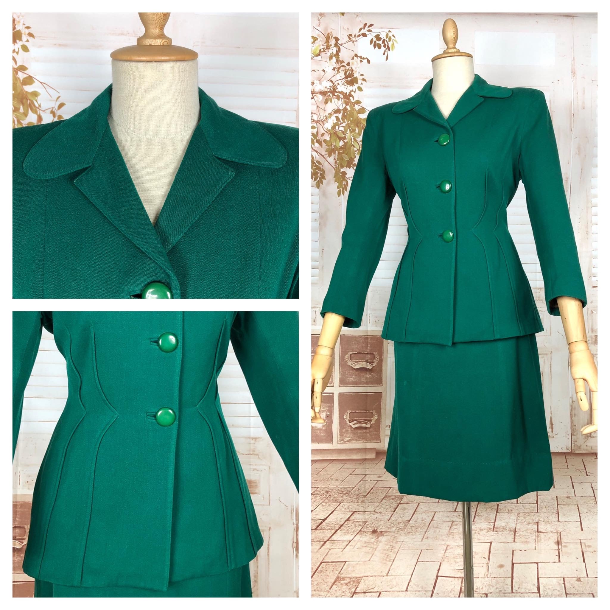 Amazing Original 1940s Vintage Emerald Green Gabardine Skirt Suit