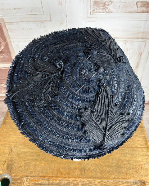 Navy Blue 1940s Straw Percher Hat With Matching Hat Pins