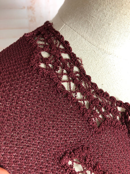 Exquisite Original 1930s Vintage Burgundy Knit Set With Lace Knit Inserts