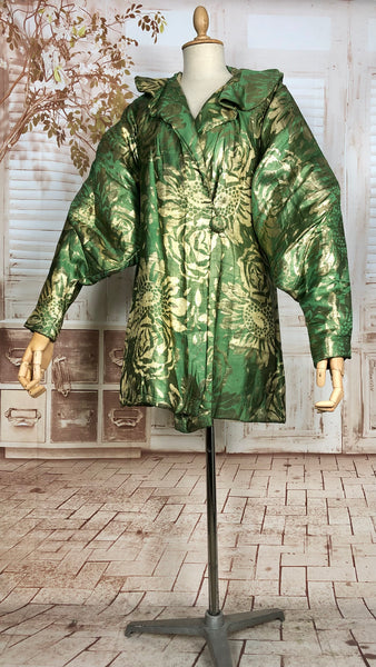 LAYAWAY PAYMENT 6 OF 6 - RESERVED FOR GILDA - Incredible Original 1920s Vintage Green And Gold Lamé Flapper Coat With Amazing Gigot Sleeves