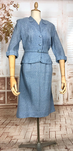 Wonderful Late 1940s Sky Blue Belted Skirt Suit