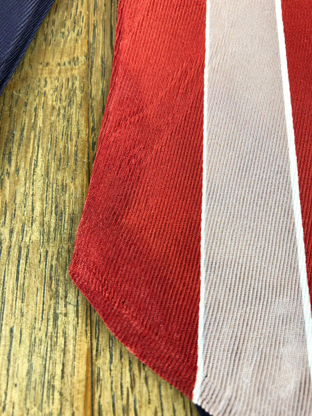 1940s Red Pink & White Bold Stripe American Rayon Swing Tie with Navy Neck