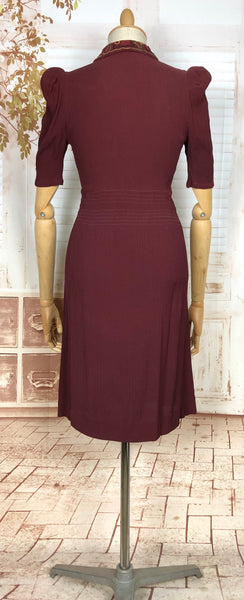 Amazing 1930s Burgundy Crepe Dress With Puff Sleeves And Colourful Crewel Embroidery