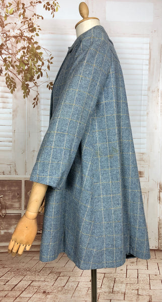 Beautiful Original Late 1940s Vintage Steel Blue And Yellow Plaid College Swing Coat