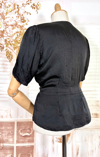 Early 1930s Black Silk Peplum Blouse – Glass Button Front Top
