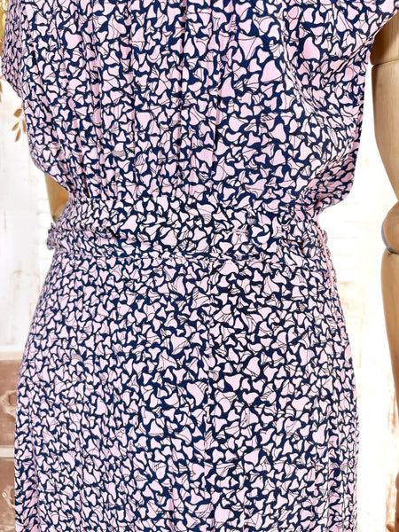 1940s Pink And Navy Blue Abstract Print Rayon Day Dress