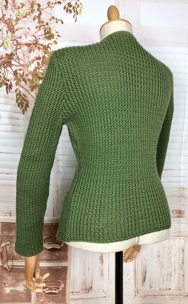 Exquisite Original 1940s Vintage Green Knit Cardigan By Cronies