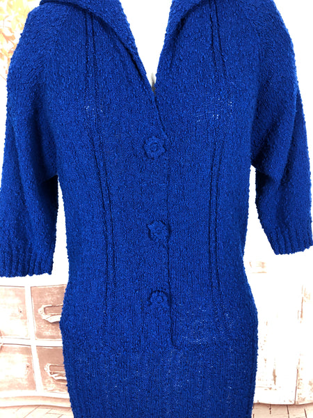 Wonderful Original 1940s Volup Vintage Electric Blue Nubby Boucle Knit Dress