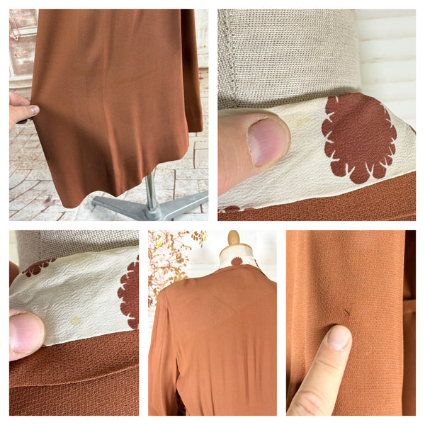 1940s Tan Crepe Day Dress With Printed Shirt Insert