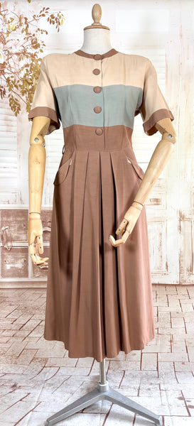 1940s Colour Block Day Dress in Mocha, Cream & Dusty Blue