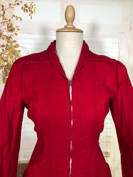 Amazing Lipstick Red 1940s Corduroy Zip Front Dress