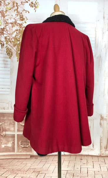 1940s Red Wool Swing Coat by Worth of Boston with Astrakhan Lining