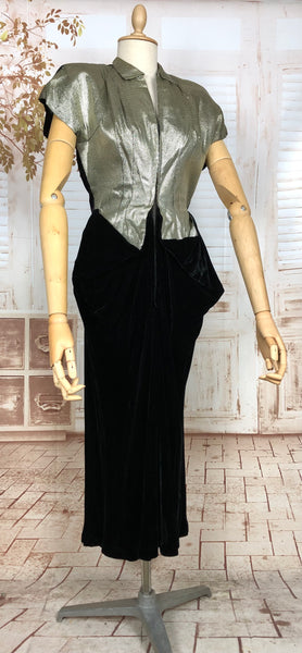 Exquisite Original Early 1940s Vintage Black Silk Velvet And Lamé Film Noir Dress With Statement Pockets