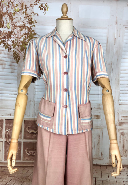 Super Rare Original Late 1930s / Early 1940s Volup Vintage Pink Candy Striped Denim Pant Suit By Edwin Blu Surf