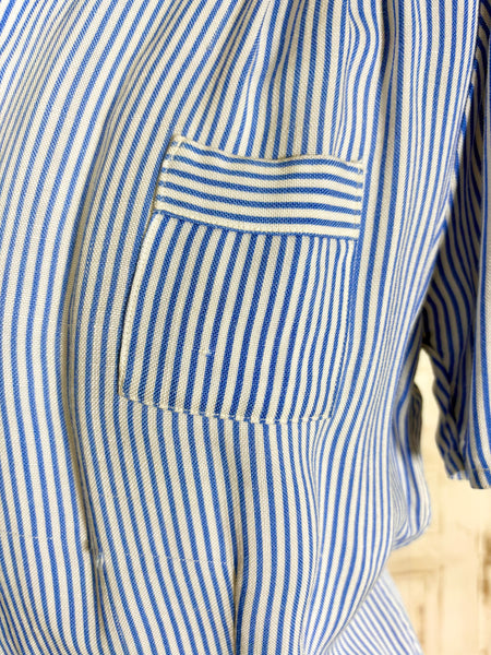 1940s Volup Blue & White Striped Blouse – Gathered Shoulders & Cross-Cut Patch Pocket