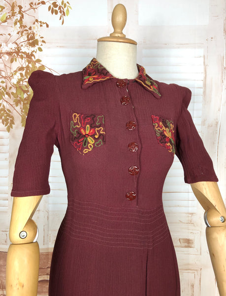 Amazing 1930s Burgundy Crepe Dress With Puff Sleeves And Colourful Crewel Embroidery