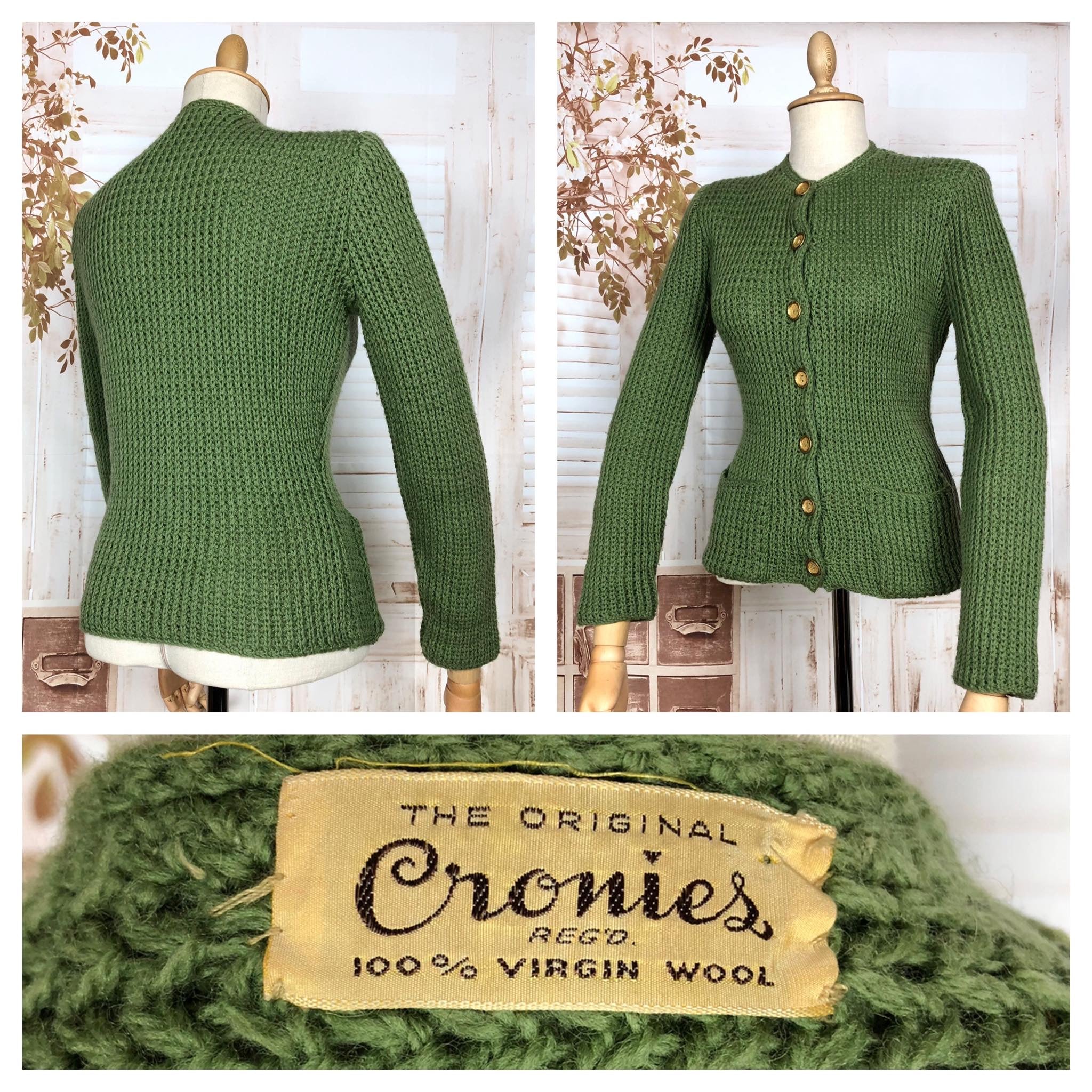 Exquisite Original 1940s Vintage Green Knit Cardigan By Cronies