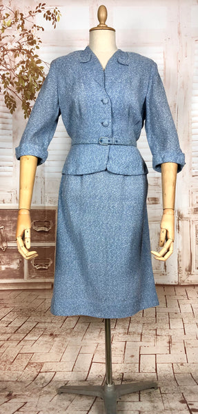 Wonderful Late 1940s Sky Blue Belted Skirt Suit