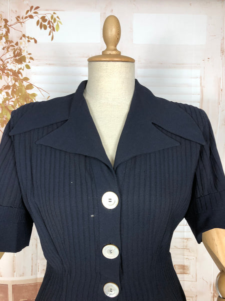 Exquisite Original 1940s Vintage Navy Blue Crepe Skirt Suit With Pin Tucks