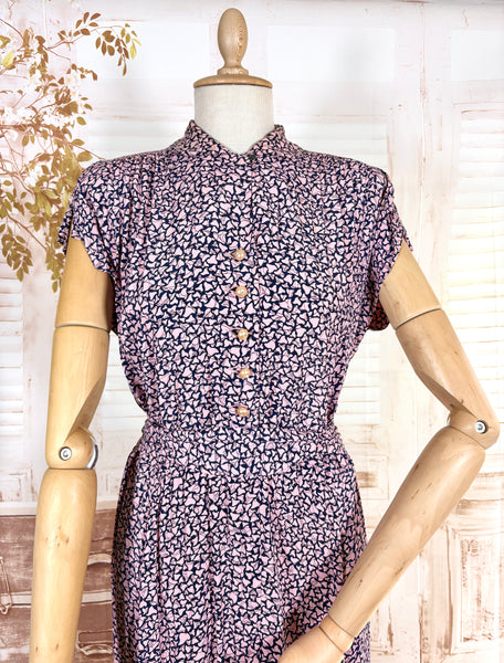 1940s Pink And Navy Blue Abstract Print Rayon Day Dress