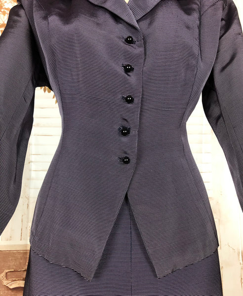 Amazing Blue Striped Rayon Faille 1940s Suit Volup Capable