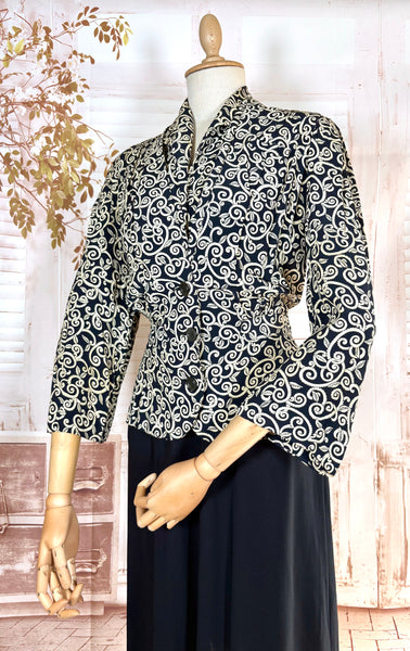 1940s Dress Suit – Scroll Print Jacket with Red Shoulder Stripe Dress