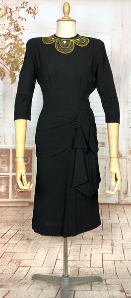Incredible Original 1940s Vintage Black Draped Femme Fatale Skirt Suit With Bright Yellow And Gold Sequinned Collar