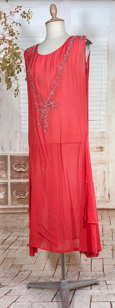 1920s Coral Silk Chiffon Beaded Flapper Dress