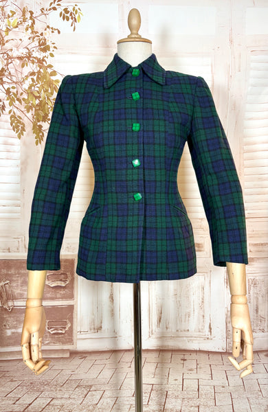 Green and Blue Tartan Plaid 1940s Blazer