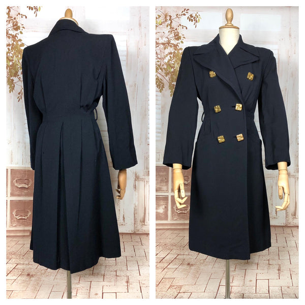 Exquisite Original 1940s Vintage Navy Blue Double Breasted Princess Coat With Huge Gold Statement Buttons