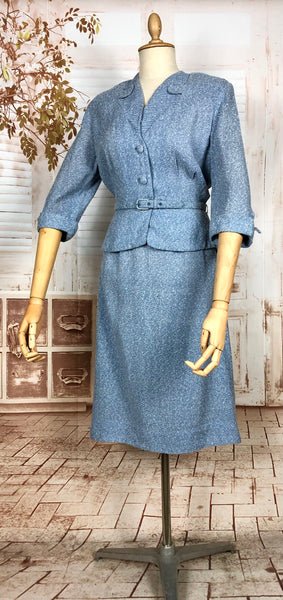 Wonderful Late 1940s Sky Blue Belted Skirt Suit