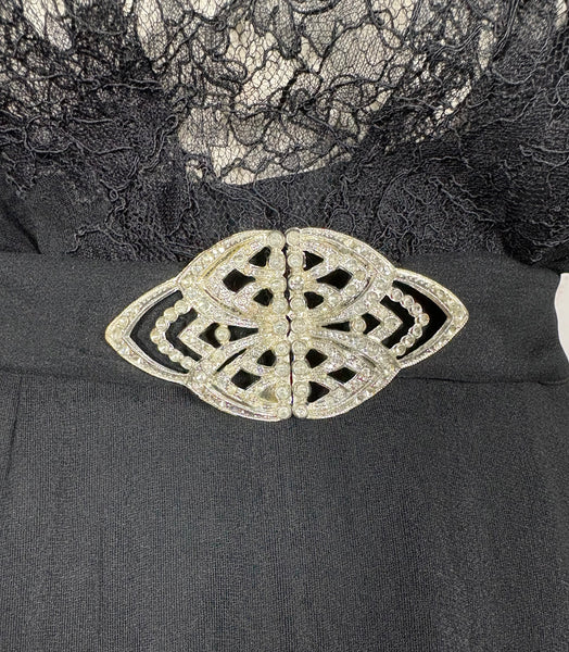 1930s Black Lace Evening Gown with Statement Buckle Detail - Femme Fatale