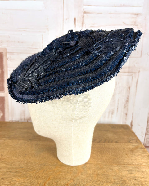 Navy Blue 1940s Straw Percher Hat With Matching Hat Pins