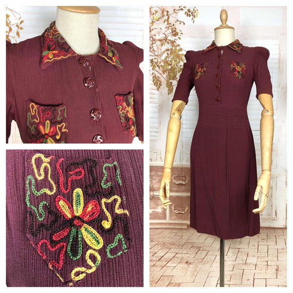 Amazing 1930s Burgundy Crepe Dress With Puff Sleeves And Colourful Crewel Embroidery