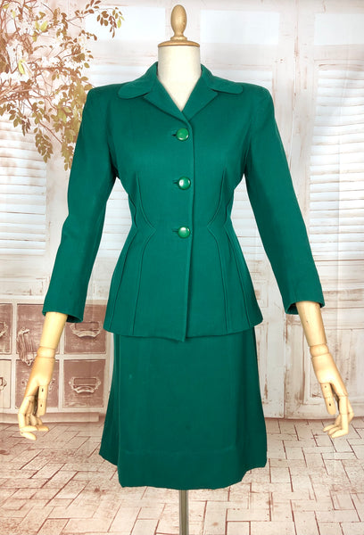 Amazing Original 1940s Vintage Emerald Green Gabardine Skirt Suit