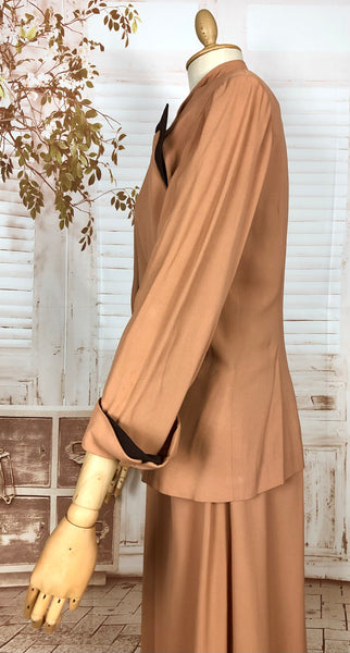 Incredible Original 1940s Volup Dress Suit In Tan With Chocolate Brown Accents