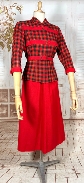 Fabulous 1940s Red And Black Plaid Skirt Suit