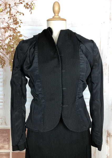Beautiful Classic Black Original Late 1940s Vintage Gabardine Skirt Suit By Moordale