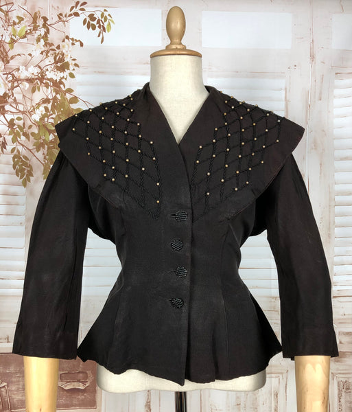 Wonderful Original Late 1940s Vintage Black Blazer With Huge Beaded Soutache Statement Collar