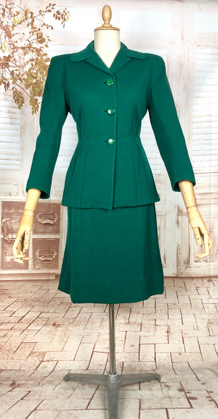 Amazing Original 1940s Vintage Emerald Green Gabardine Skirt Suit