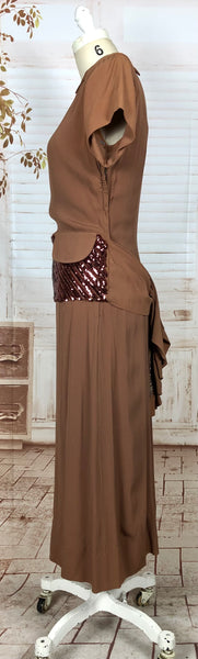 Exceptional Original 1940s Vintage Caramel Rayon Crepe Suit With Sequin Peplum And Bustle Back