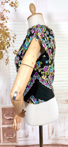 1940s Blouse – Bold Paisley & Floral Print in Magenta, Turquoise & Olive
