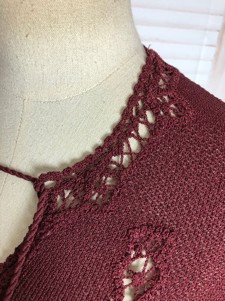 Exquisite Original 1930s Vintage Burgundy Knit Set With Lace Knit Inserts